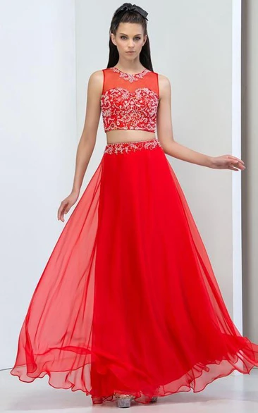 Sheer Neck Beaded Sequins Two Piece Prom Dress
