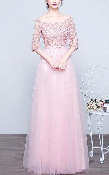 A-Line Bateau Half Sleeves Sequins Long Prom Dress