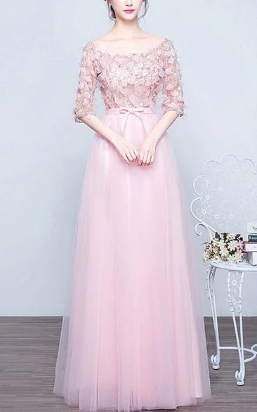 A-Line Bateau Half Sleeves Sequins Long Prom Dress