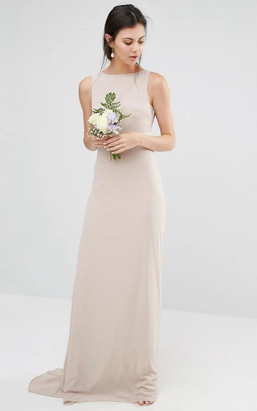 Sheath Floor-Length Jewel Neck Sleeveless Bowed Chiffon Bridesmaid Dress