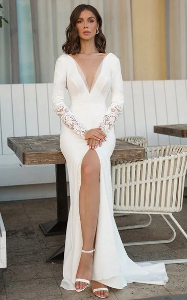 Casual V-neck Sheath Floor-length Sweep Train Long Sleeve Wedding Dress With Split Front