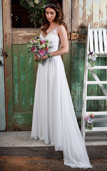 Pleated Spaghetti Long Chiffon Wedding Dress With Appliques And Illusion