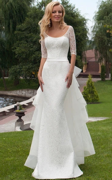 Sheath Scoop Neck Bowed Half Sleeve Lace Wedding Dress