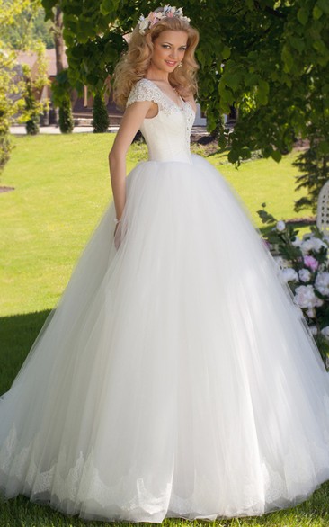 Ball Gown V-Neck Ruched Cap Sleeve Tulle Wedding Dress