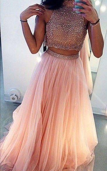 Glamrous High Neck Beadings Prom Dress Two Pieces Style