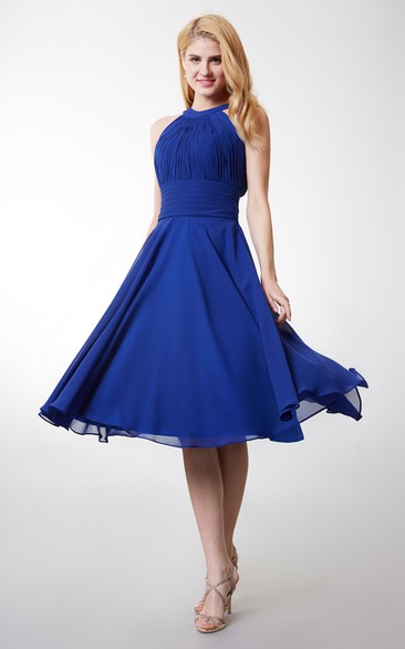 Stylish Halter Neck Pleated Knee Length Chiffon Dress