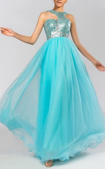 A-line Bateau Neck Sequins Beadings Floor-Length Prom Dress