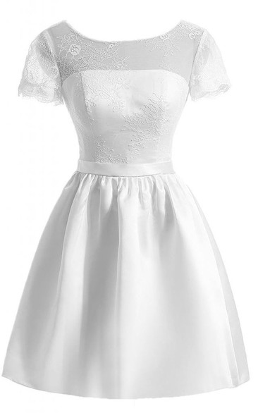 Short Sleeve Lace Bodice Short Satin Dress