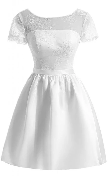 Short Sleeve Lace Bodice Short Satin Dress