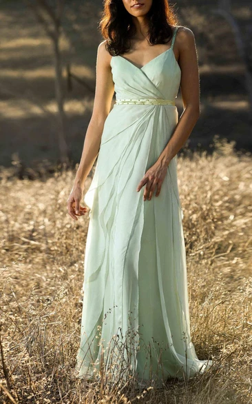 Spaghetti Straps V Neck Empire Layered A-line Chiffon Long Dress