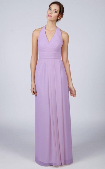 Halter V Neck Empire Pleated A-line Chiffon Long Dress With Bandage