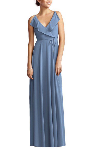 V-neck Wrap Bodice Chiffon Long Bridesmaid Dress with Sash