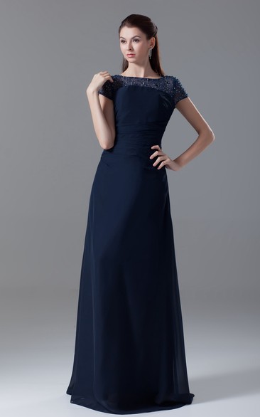 Bateau-Neck Short-Sleeve Floor-Length Chiffon Dress With Beading