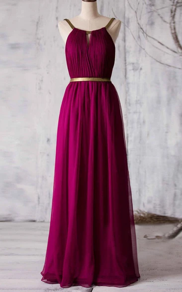 Allover Pleated A-line Chiffon Floor Length Dress With Back Keyhole