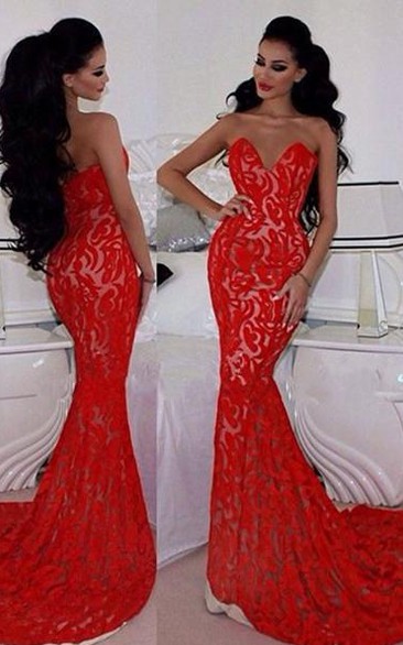 Sexy Red Lace Mermaid Evening Dress Sweetheart Sleeveless Sweep Train