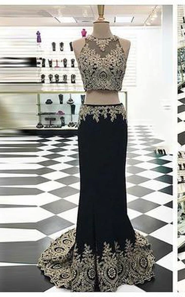 Jewel Neck A-Line Appliques Court Train Prom Dress