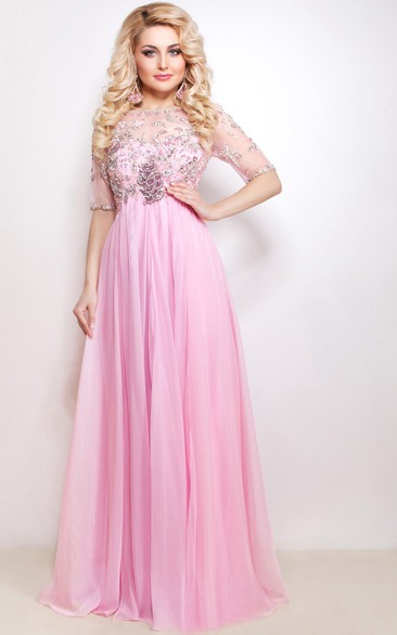 A-Line Floor-Length Sweep High-Neck Half Sleeve Empire Chiffon Beading Pleats Illusion Dress