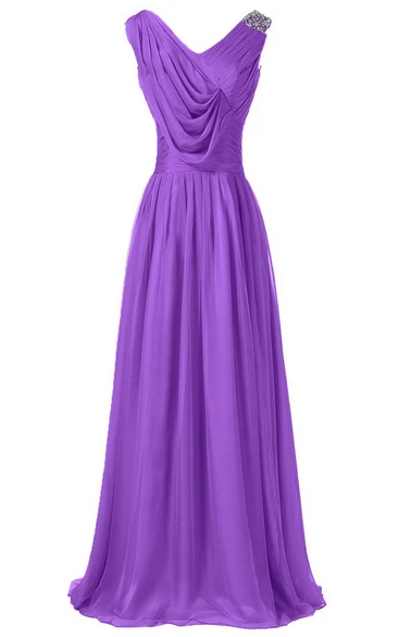 Sleeveless V-neck Long Dress With Draped Bodice