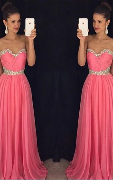 Newest Chiffon Pink Beadings A-line Evening Dress Sweetheart Sleeveless