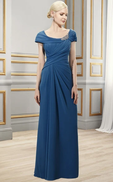 Sheath Broach Floor-Length Scoop Short-Sleeve Chiffon Formal Dress With Zipper Back And Draping