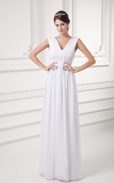 V-Neck Chiffon Long Sleeveless Dress With Floral Waist