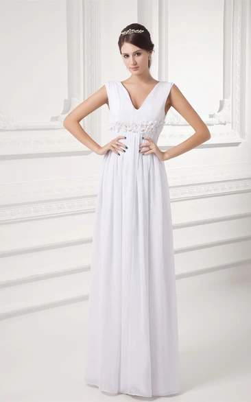 V-Neck Chiffon Long Sleeveless Dress With Floral Waist