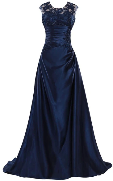 Sleeveless Crystal Ruched Bodice Long Satin Dress