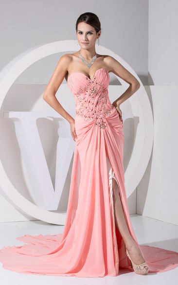 Chiffon Beaded Long Dress With Watteau Train and Ruching
