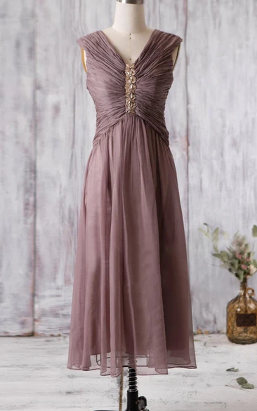 V Neck Cap-sleeved A-line Chiffon Long Dress With Beading