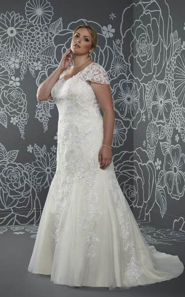 Mermaid Floor-Length V-Neck Cap Lace Sweep Train Low-V Back Appliques Dress