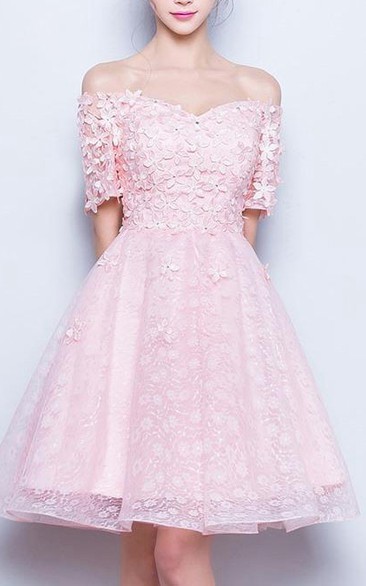 Off-The-Shoulder Beaded Flowers Pink Prom Dress