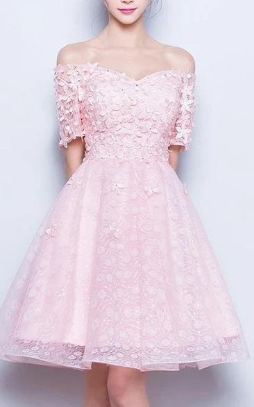 Off-The-Shoulder Beaded Flowers Pink Prom Dress