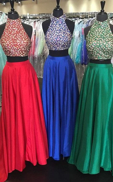 Two Pieces Gorgeous Beadings Prom Dresses High Neck Long