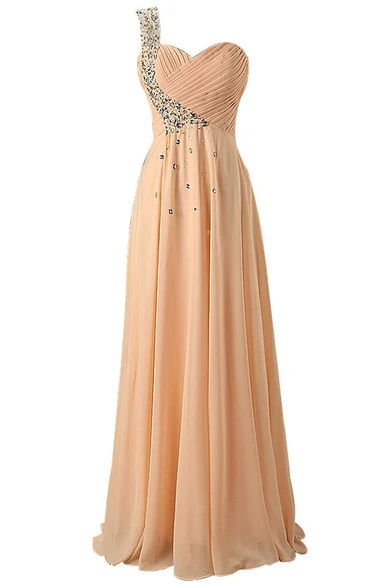 One-shoulder Crystal-beaded A-line Dress With Lace-up Back