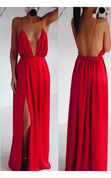 Sexy Red Spaghetti Straps Prom Dress Long Deep V-Neck