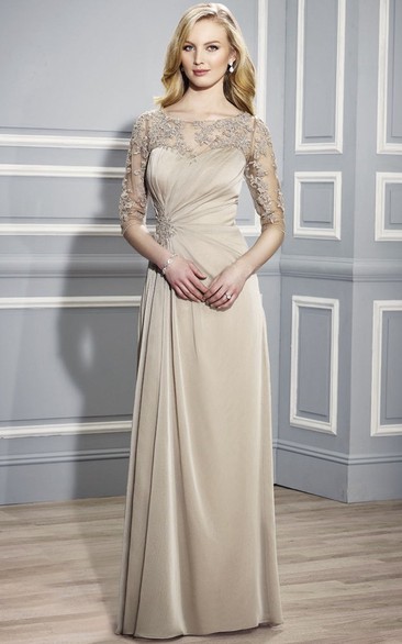 Bateau Neck Appliqued Half Sleeve Chiffon Formal Dress