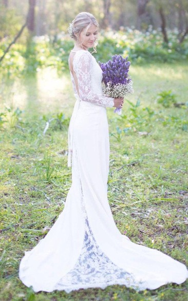 Scoop-Neck Lace Long Sleeve Illusion Chiffon Backless Dress With Sweep Train