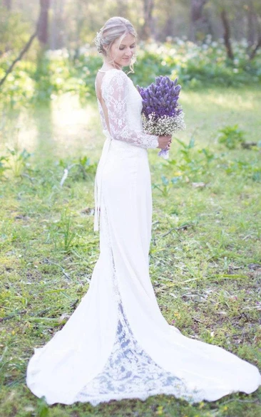 Scoop-Neck Lace Long Sleeve Illusion Chiffon Backless Dress With Sweep Train