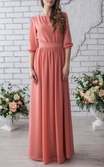 Occasion Long Chiffon Peach Wedding Mother Of The Bride With Sleeve Dress