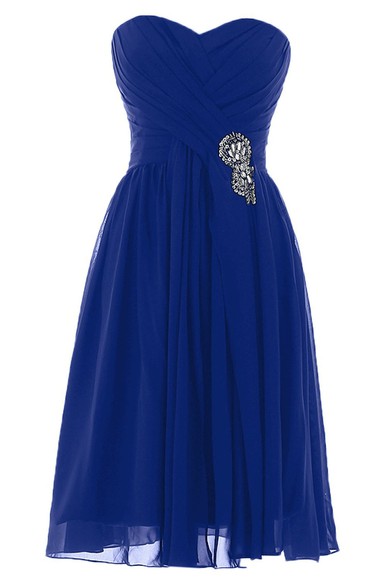 Sweetheart Knee-length Pleated Chiffon Dress With Crystal Stones