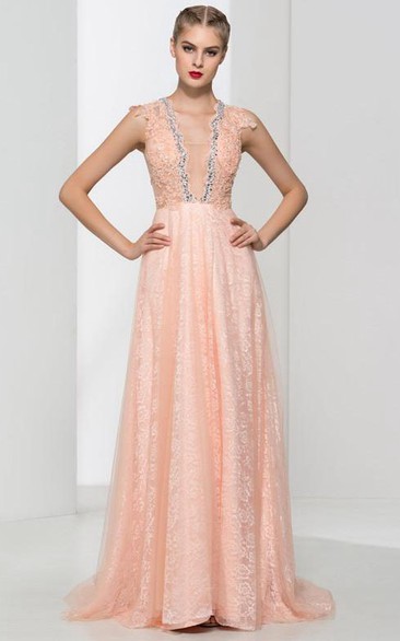 V-Neck Appliques Beaded Lace Prom Dress