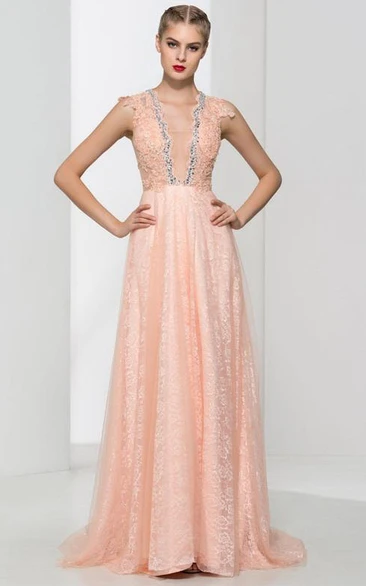 V-Neck Appliques Beaded Lace Prom Dress