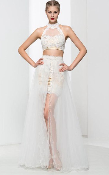 Halter Appliques Two Piece Prom Dress