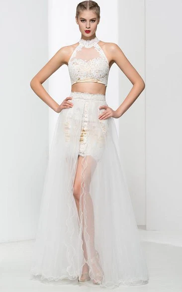 Halter Appliques Two Piece Prom Dress