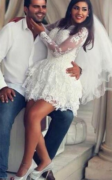 Delicate Lace Appliques Short White Homecoming Dress Long Sleeve