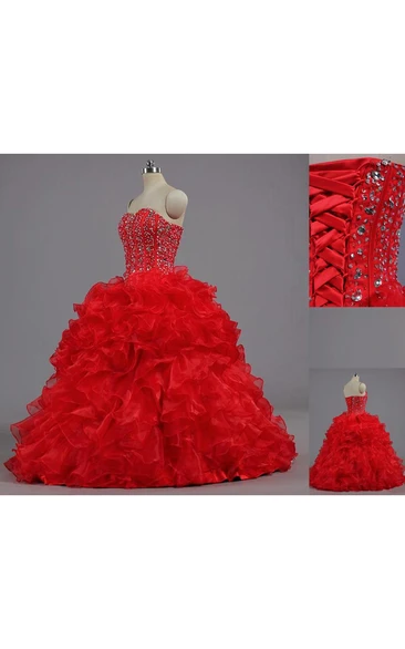 Ball Gown Floor-Length Bell Beading Ruffles Corset Back Lace Organza Dress