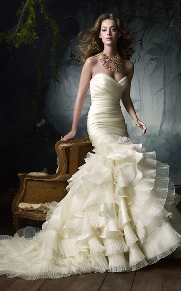 Elegant Pleated Bodice Ruffled Satin Organza Dress With Tiers