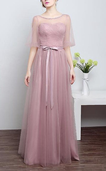 A-line Bow Flower Sash Tulle Illusion Dress