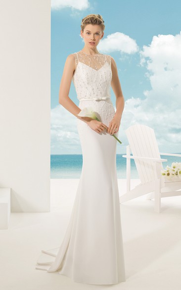 Illusion-Neck Back Sheath With Slim Belt And Beading