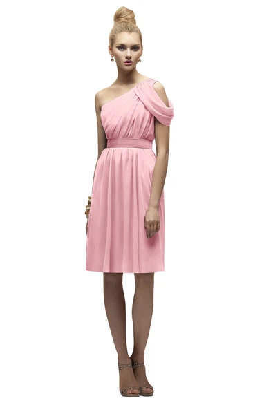 Knee-Length One-Shoulder Stylish Dress With Satin Sash